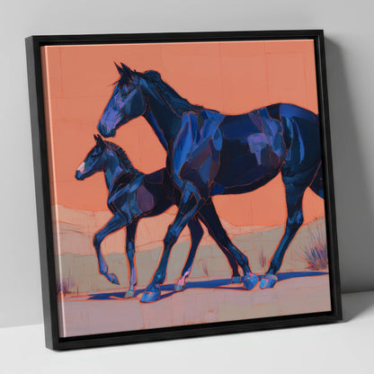 Bold Indigo Strides mare & foal canvas wall art in black frame