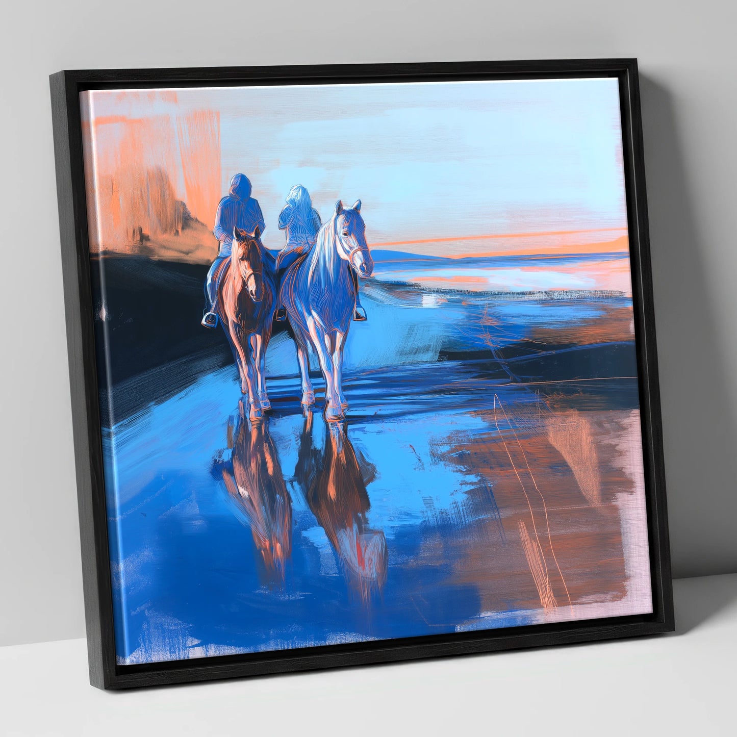 Shoreline Companions horse landscape canvas wall art in black frame
