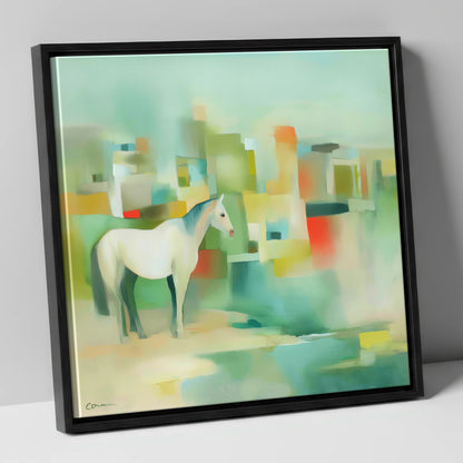 Abstract Urban Equine horse landscape canvas wall art in black frame
