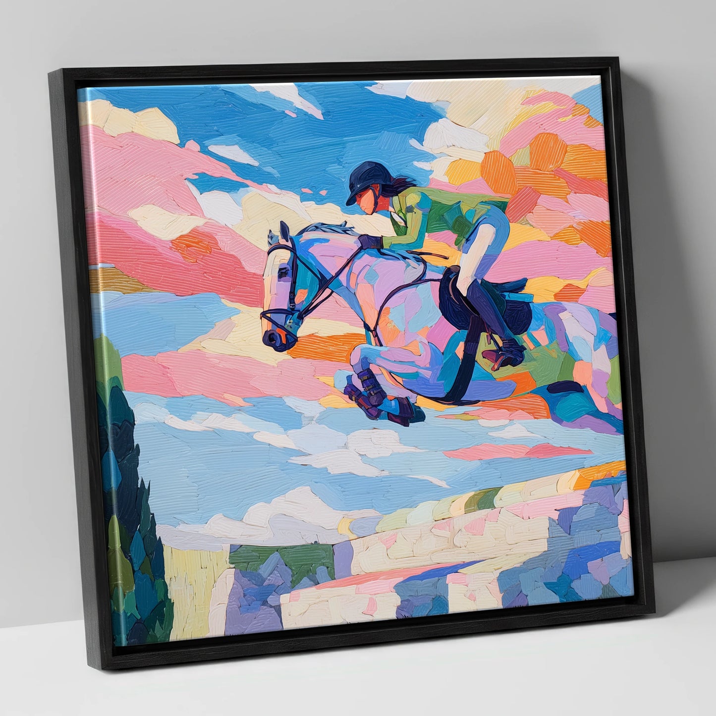 Technicolour Flight show jumping horse canvas wall art in black frame