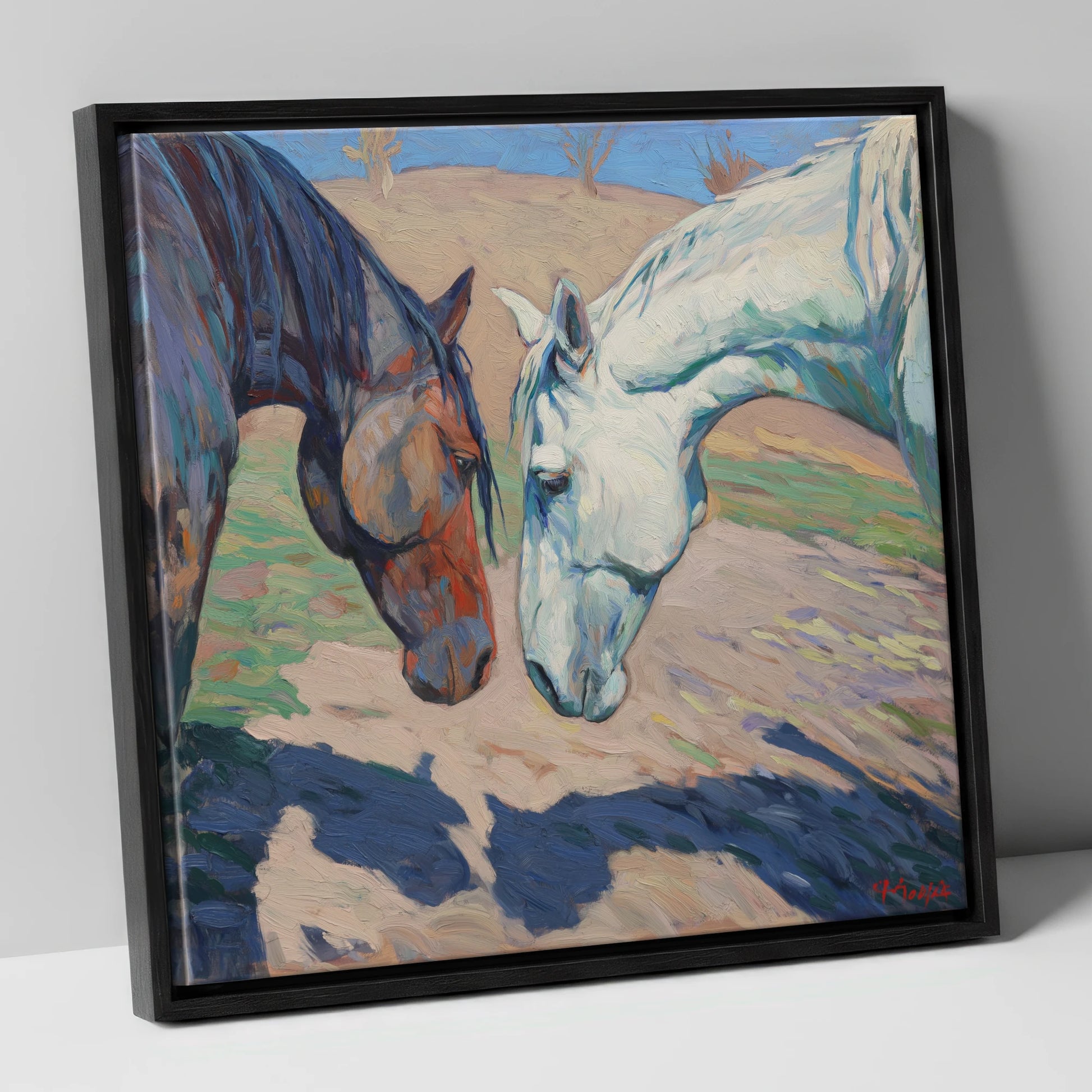 Sunlit Companions horse portrait canvas wall art in black frame