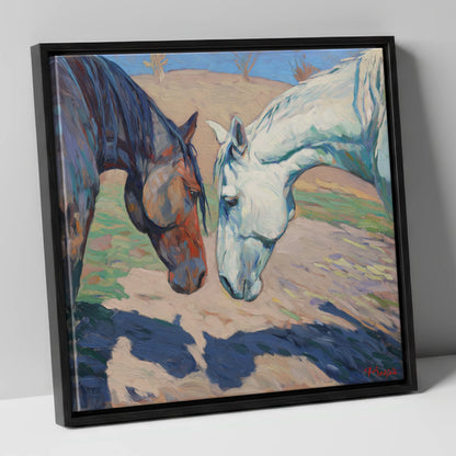 Sunlit Companions horse portrait canvas wall art in black frame