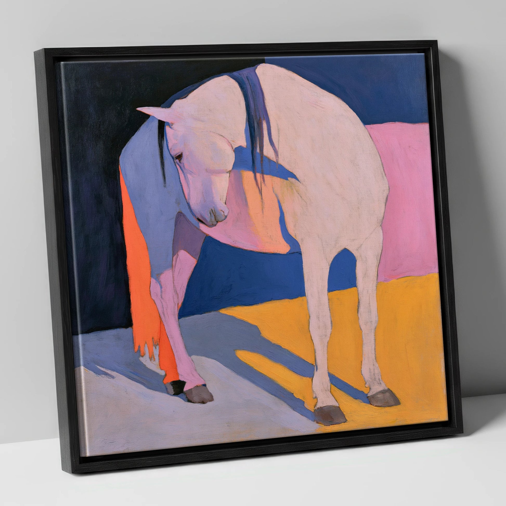 Vibrant Colour Block White Horse horse breed canvas wall art in black frame