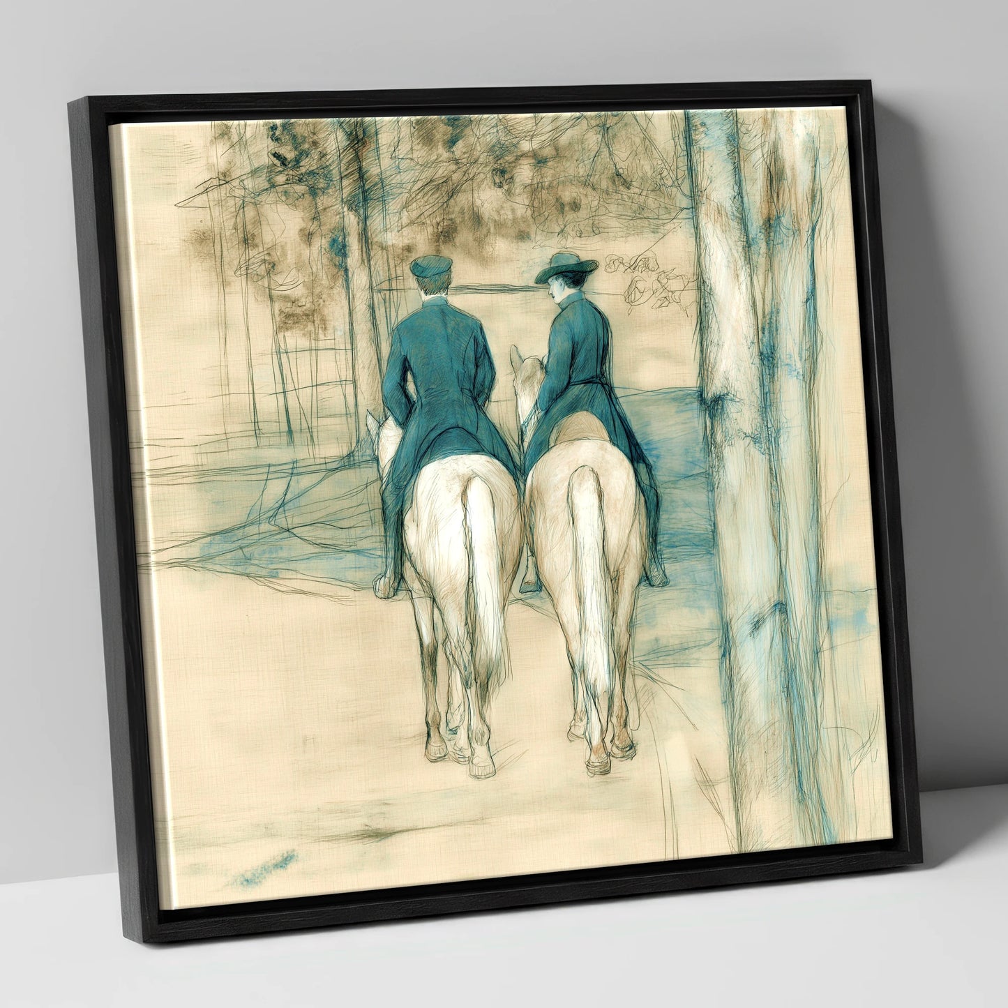 The Woodland Hack horse & rider canvas wall art in black frame