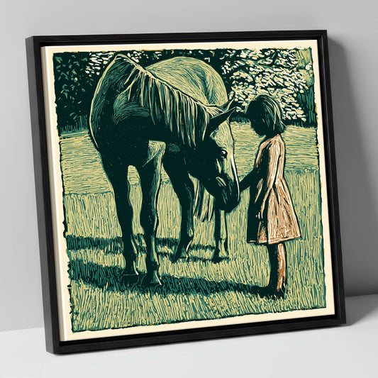First Greetings horse & rider canvas wall art in black frame