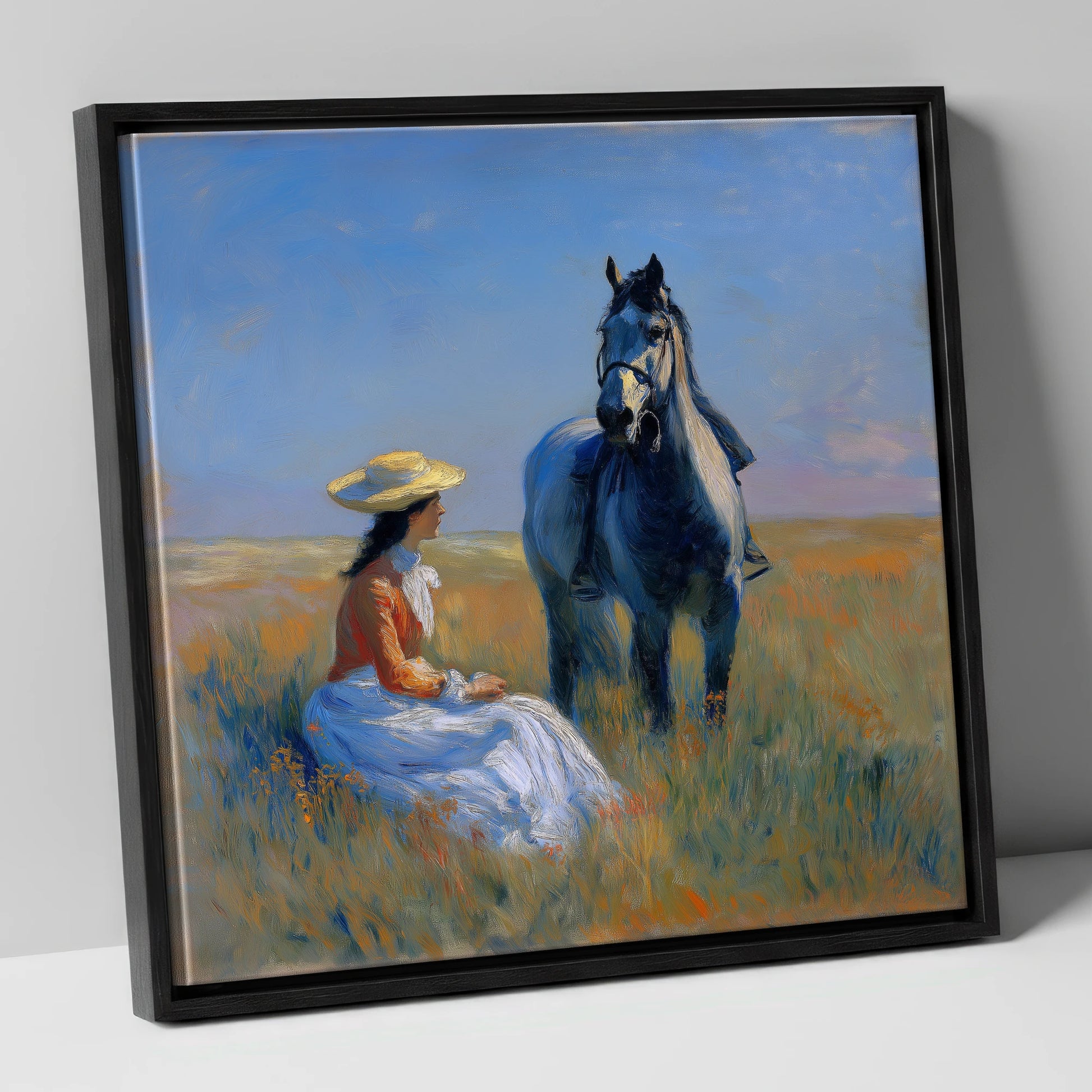 The Summer Hack horse & rider canvas wall art in black frame