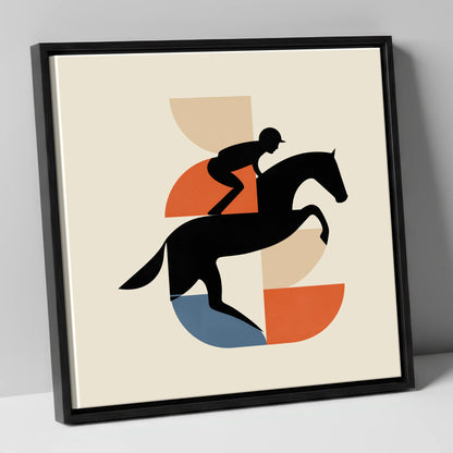 Geometric Steeplechase racing horse canvas wall art in black frame