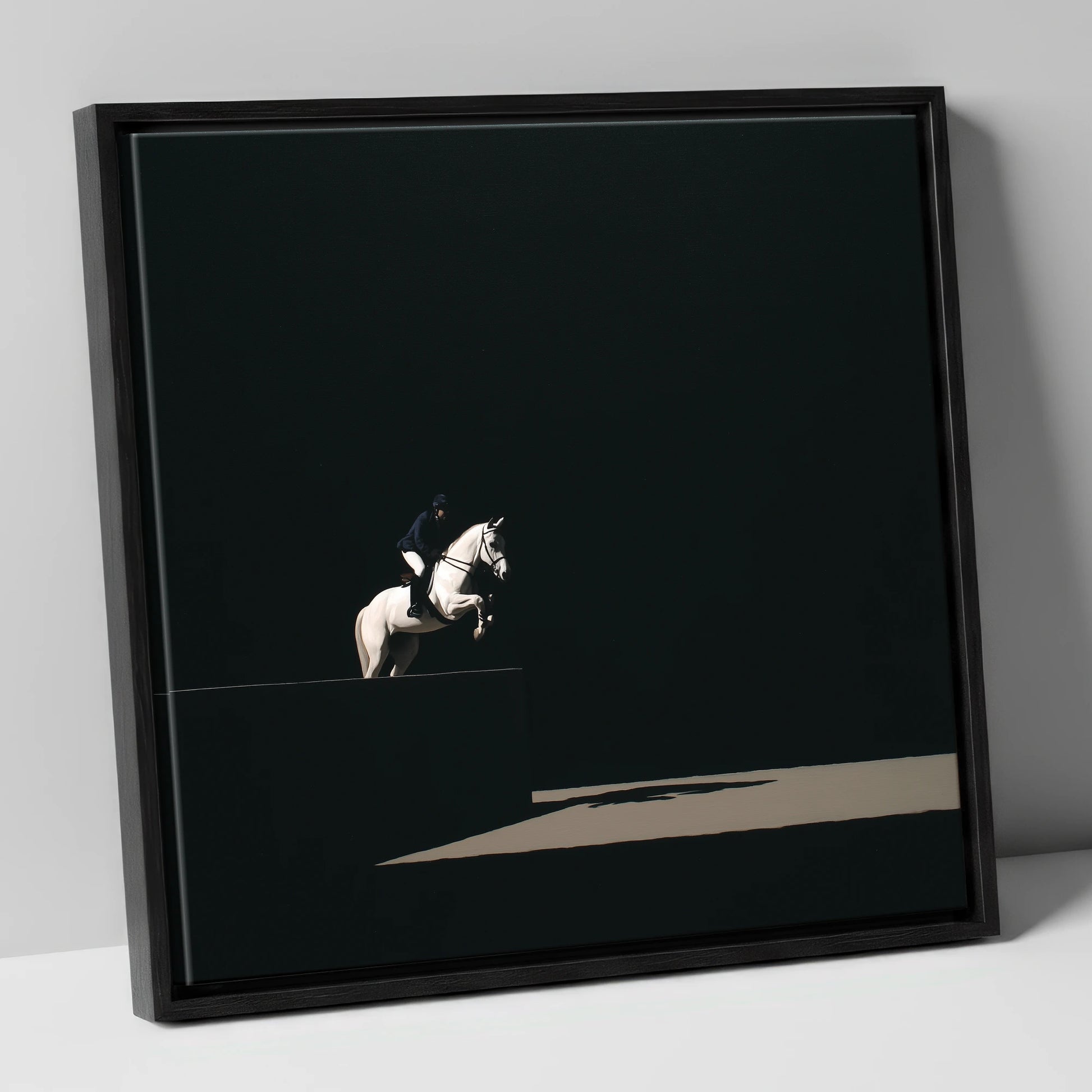 Suspended in Obsidian show jumping horse canvas wall art in black frame