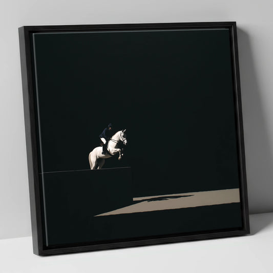 Suspended in Obsidian show jumping horse canvas wall art in black frame