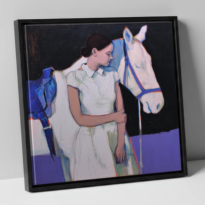 The Indigo Bond horse & rider canvas wall art in black frame
