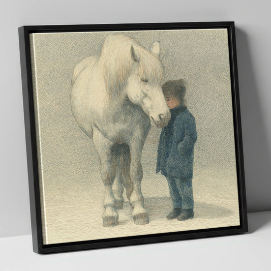 Quiet Trust horse & rider canvas wall art in black frame