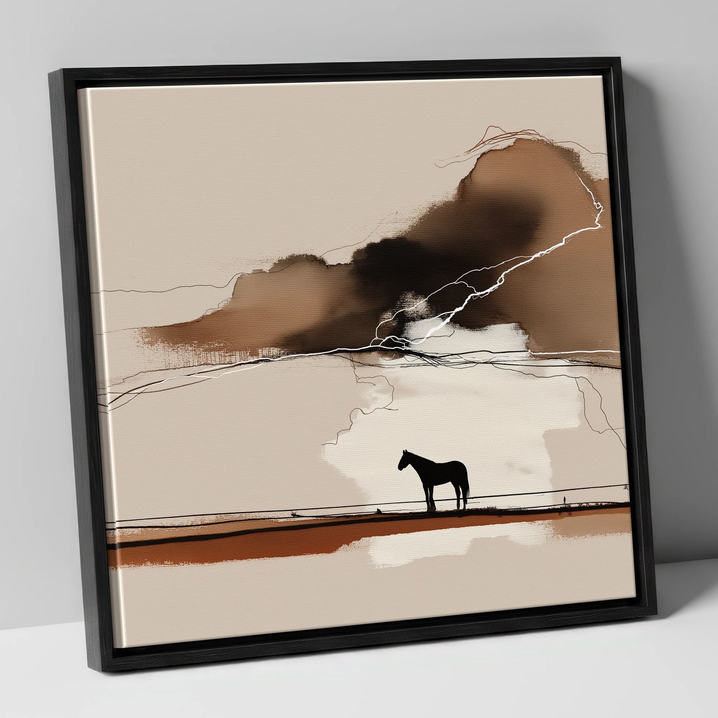 Distant Thunder horse landscape canvas wall art in black frame