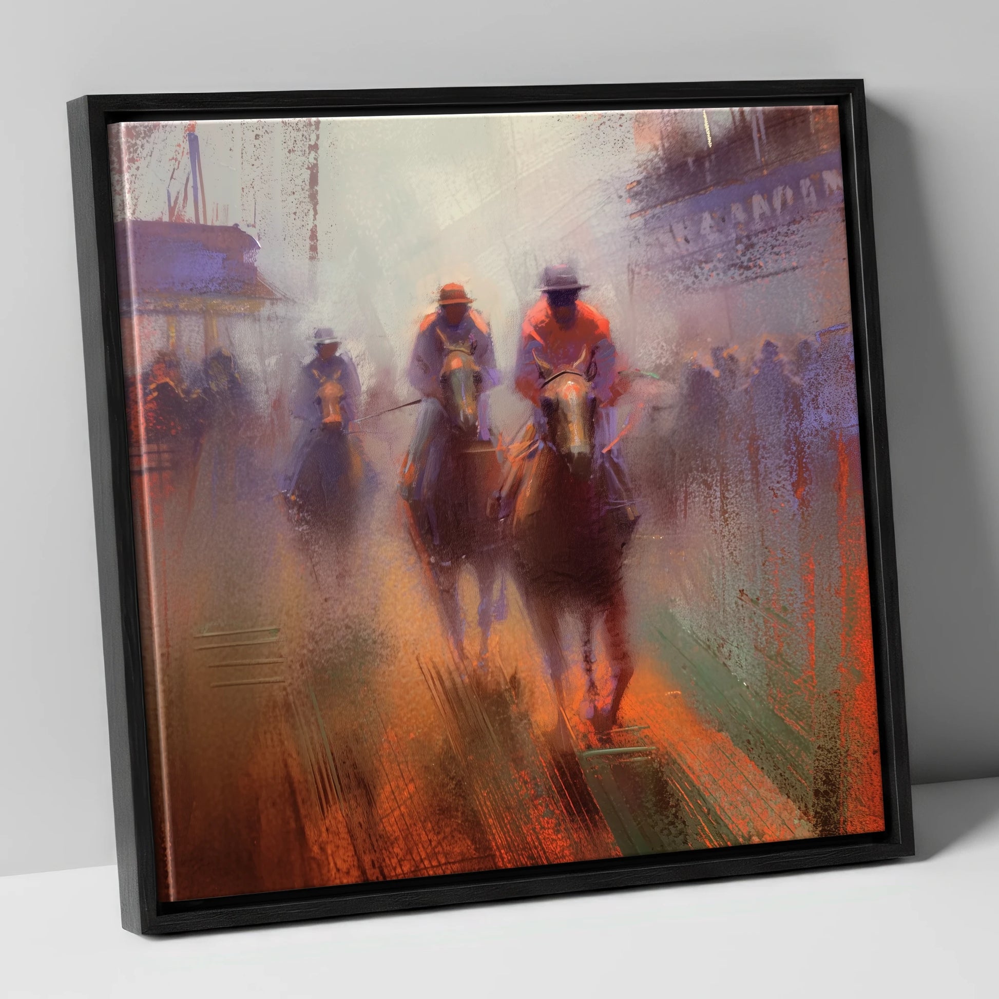 Out of the Haze racing horse canvas wall art in black frame