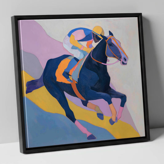 Vibrant Racing Stride racing horse canvas wall art in black frame
