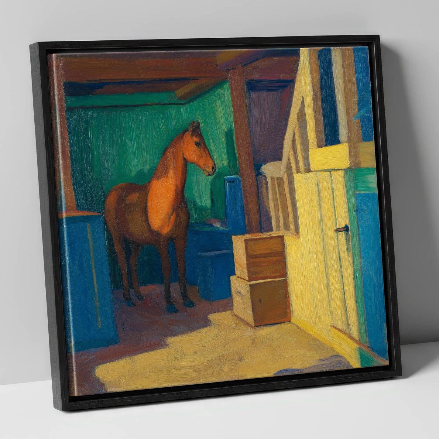 Vibrant Stable Light horse stable canvas wall art in black frame