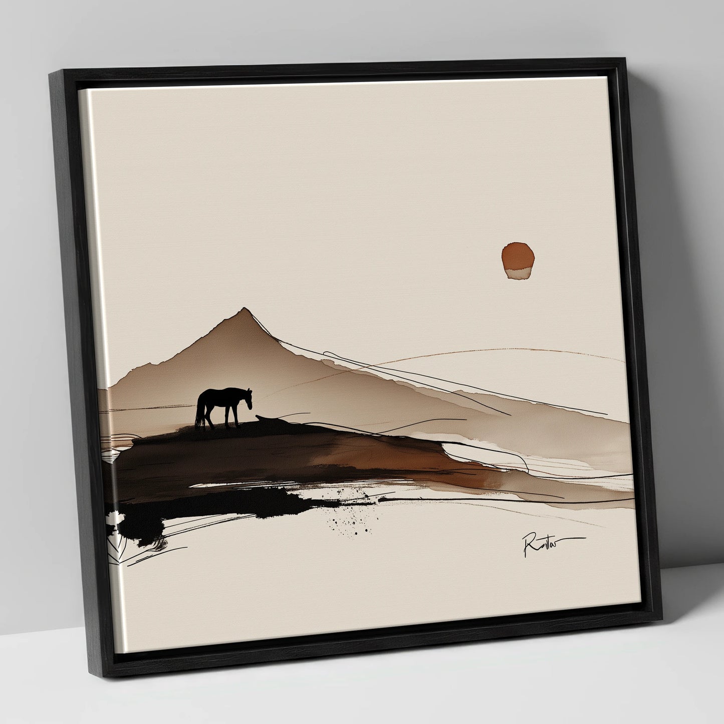 Solitude Beneath the Peak horse landscape canvas wall art in black frame