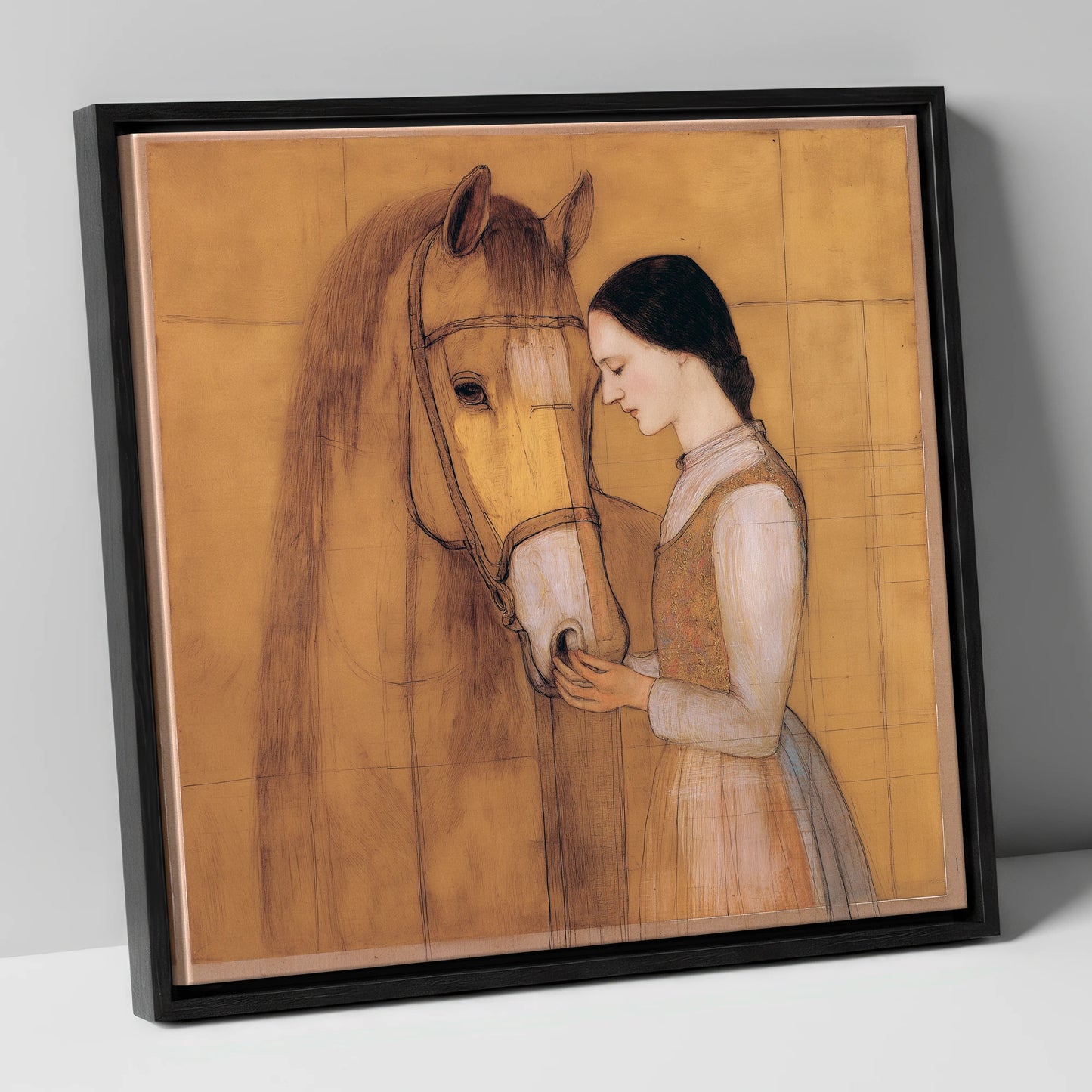 Quiet Connection horse & rider canvas wall art in black frame