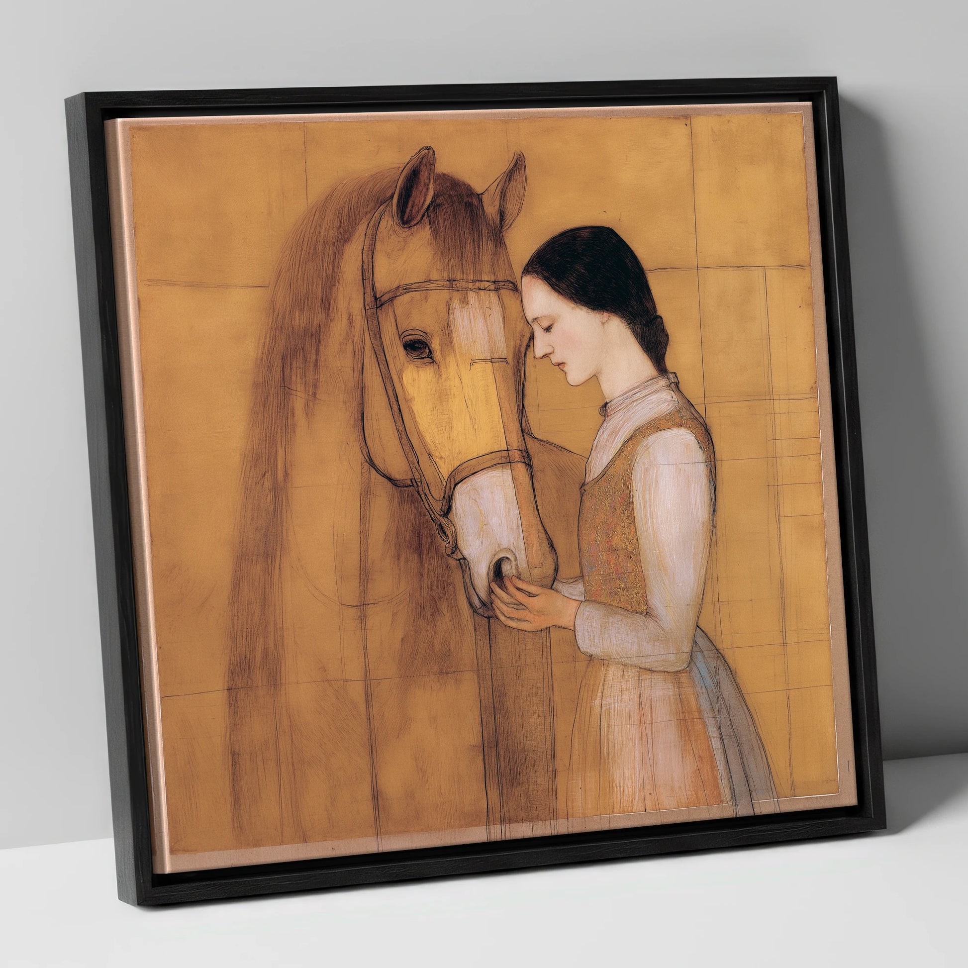 Quiet Connection horse & rider canvas wall art in black frame