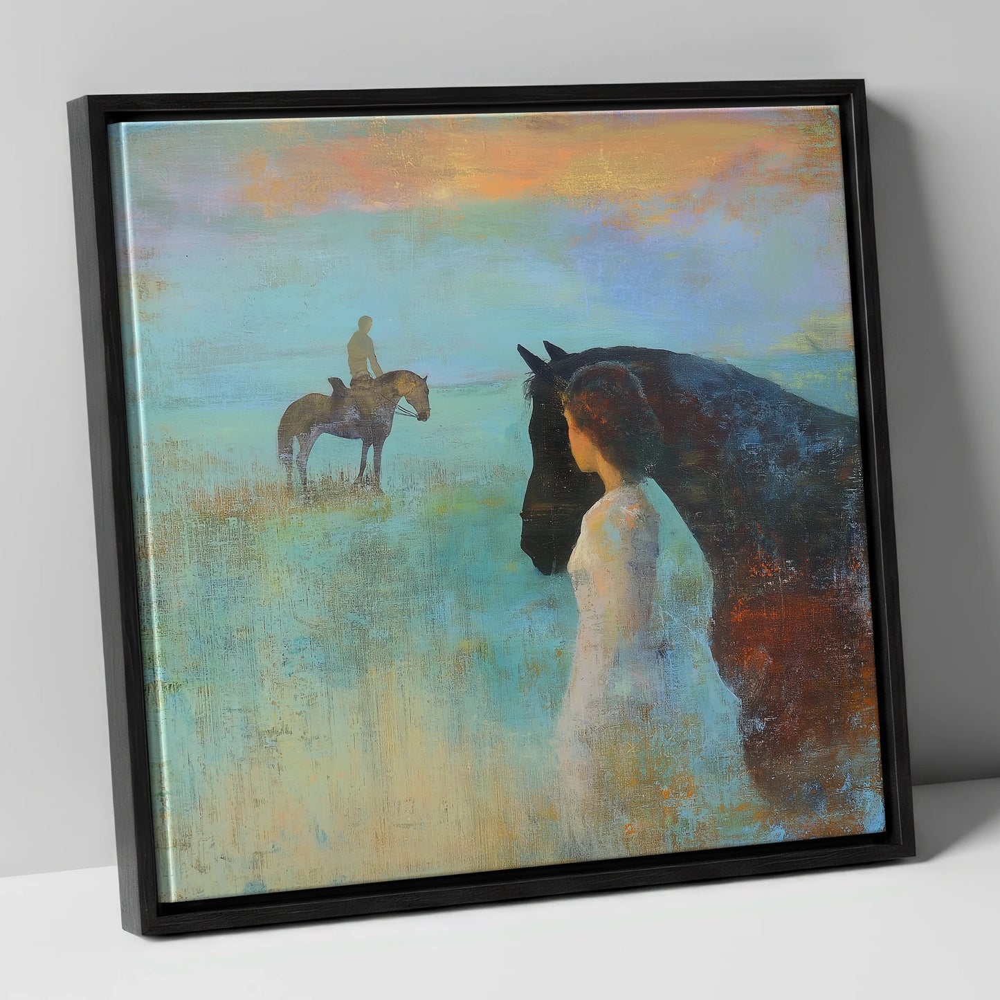 Distant Echoes horse & rider canvas wall art in black frame