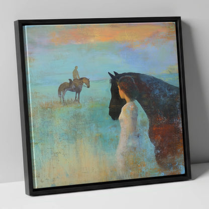 Distant Echoes horse & rider canvas wall art in black frame