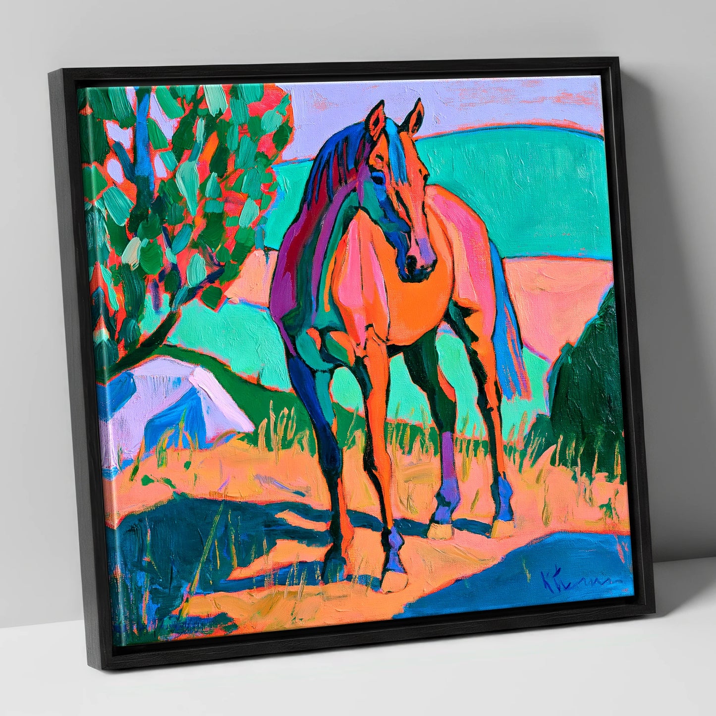 Vibrant Orange Standing Horse horse breed canvas wall art in black frame