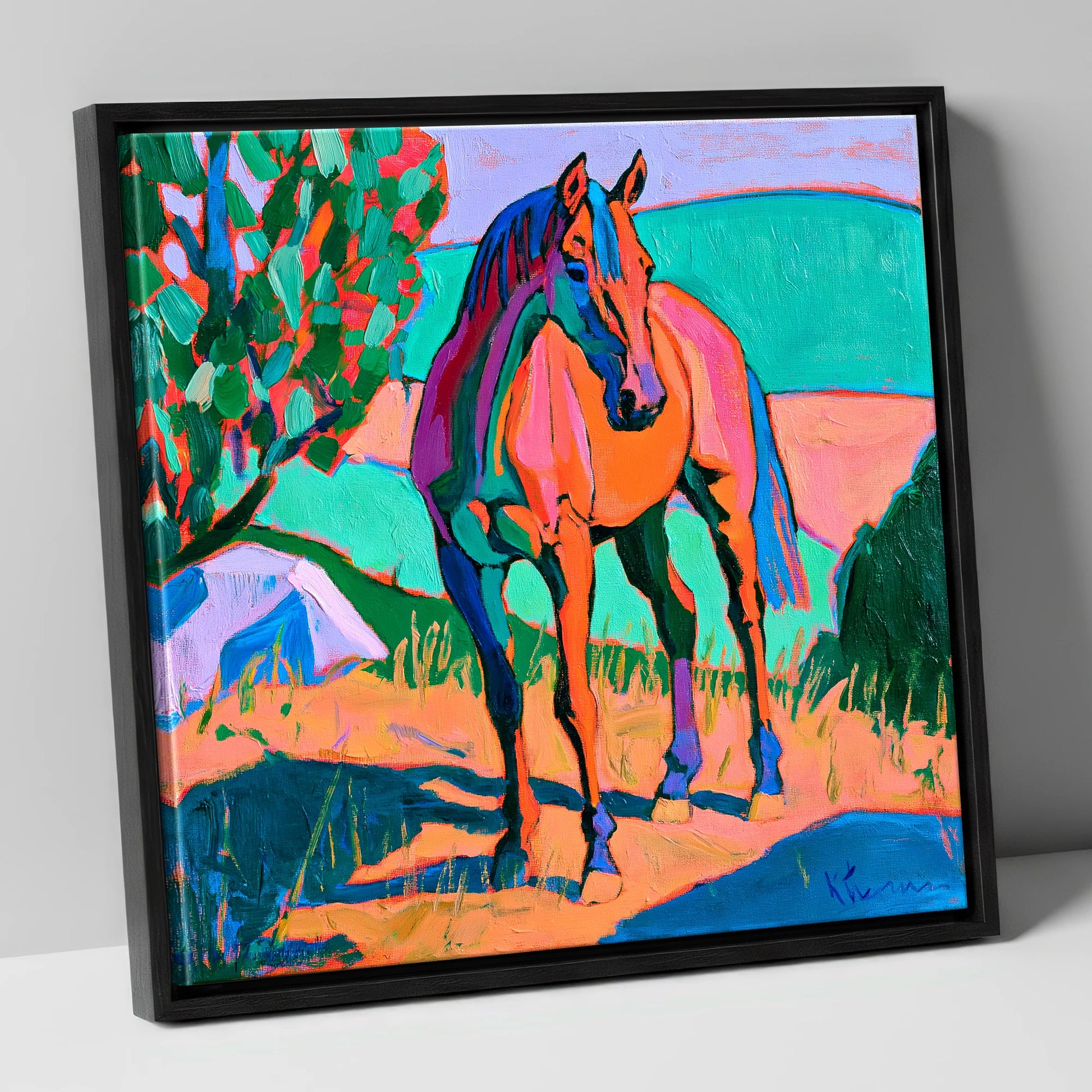Vibrant Orange Standing Horse horse breed canvas wall art in black frame