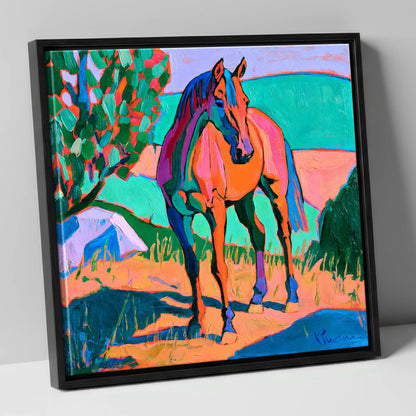 Vibrant Orange Standing Horse horse breed canvas wall art in black frame