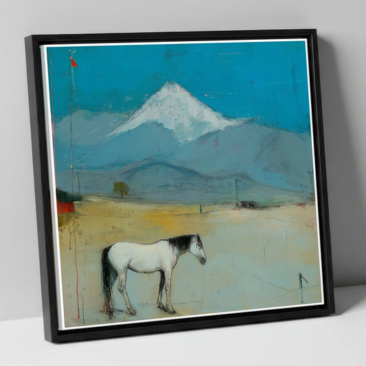 Beneath the Snow Peak horse landscape canvas wall art in black frame