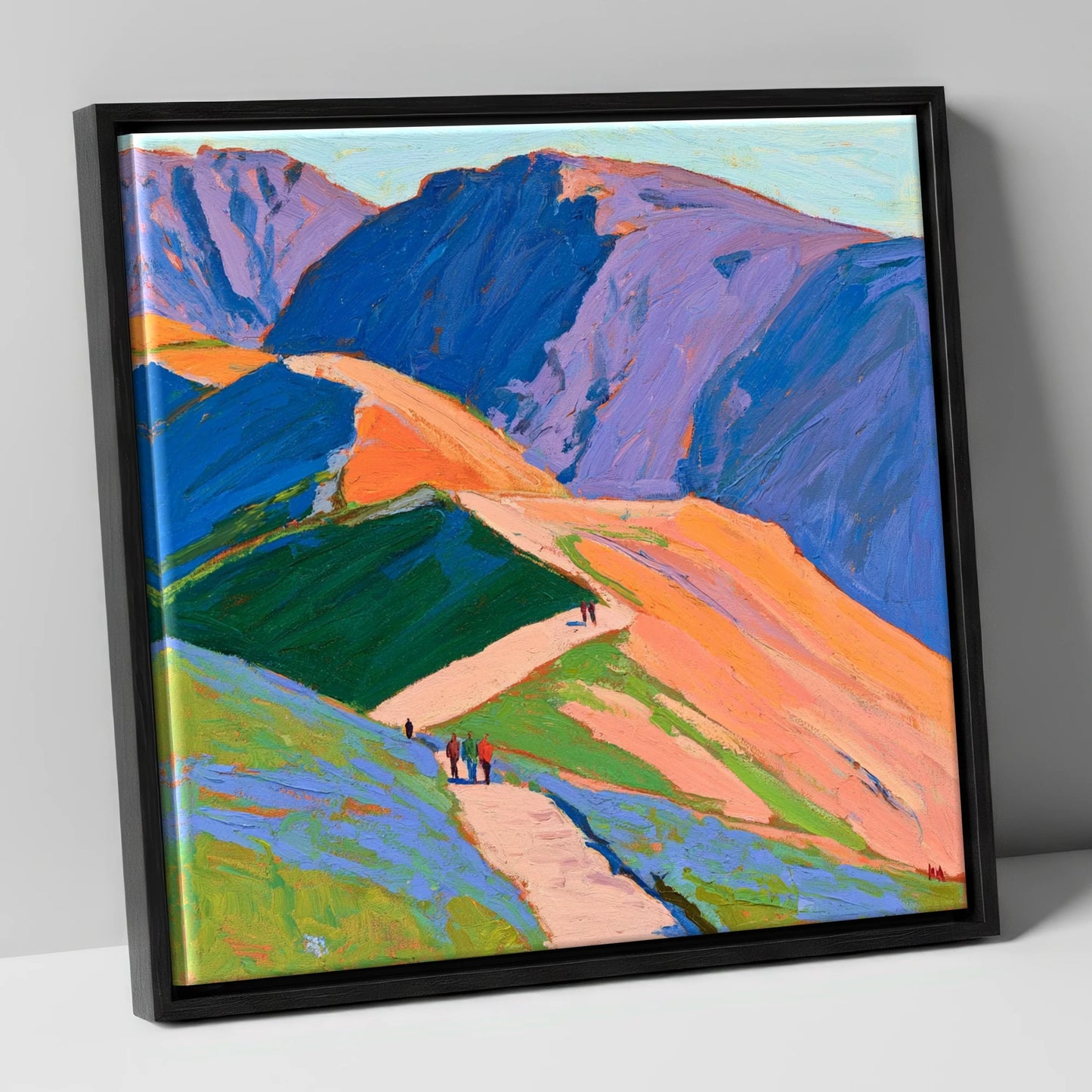 Vibrant Mountain Trail horse landscape canvas wall art in black frame