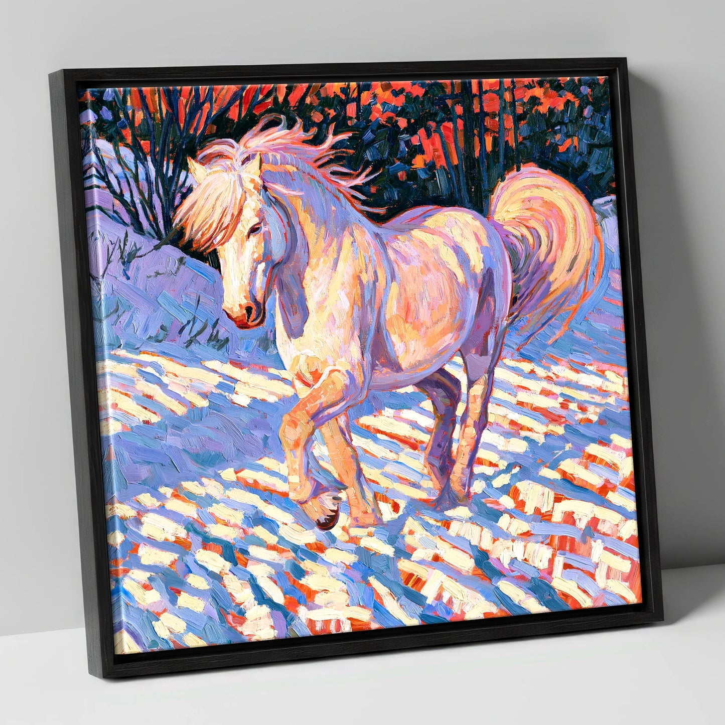 Vibrant Winter Horse in Snow horse breed canvas wall art in black frame
