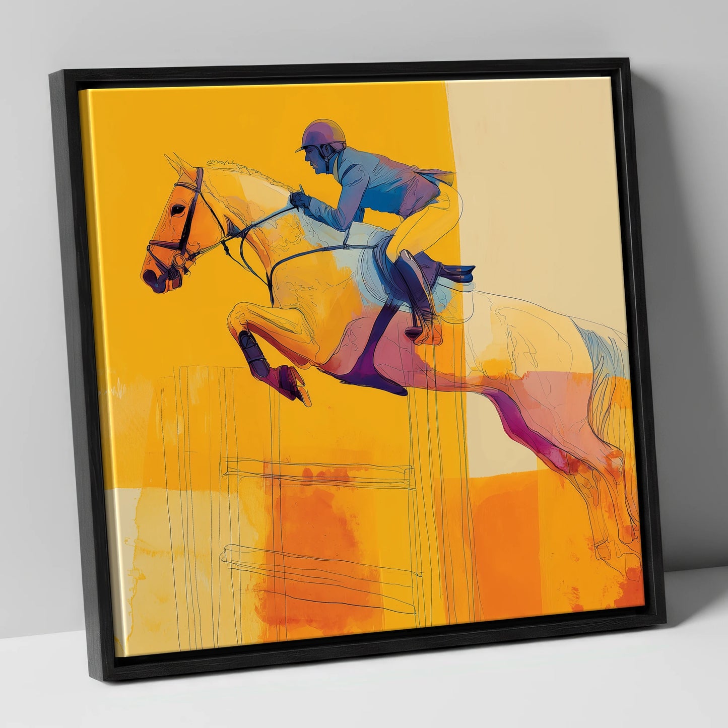 Amber Flight show jumping horse canvas wall art in black frame