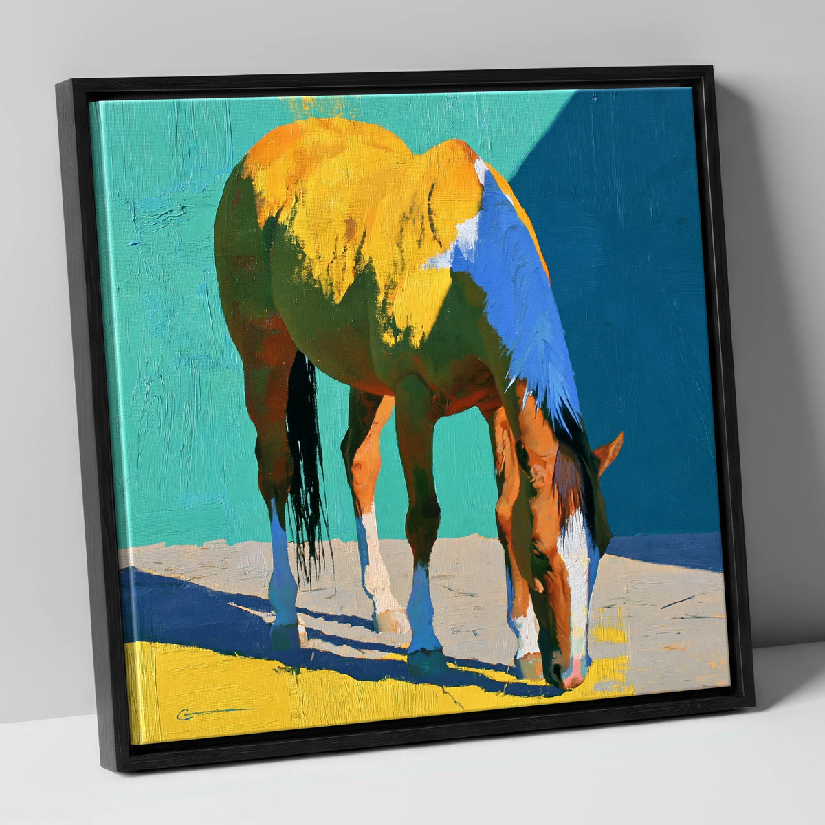 Grazing Horse in Vibrant Light horse breed canvas wall art in black frame