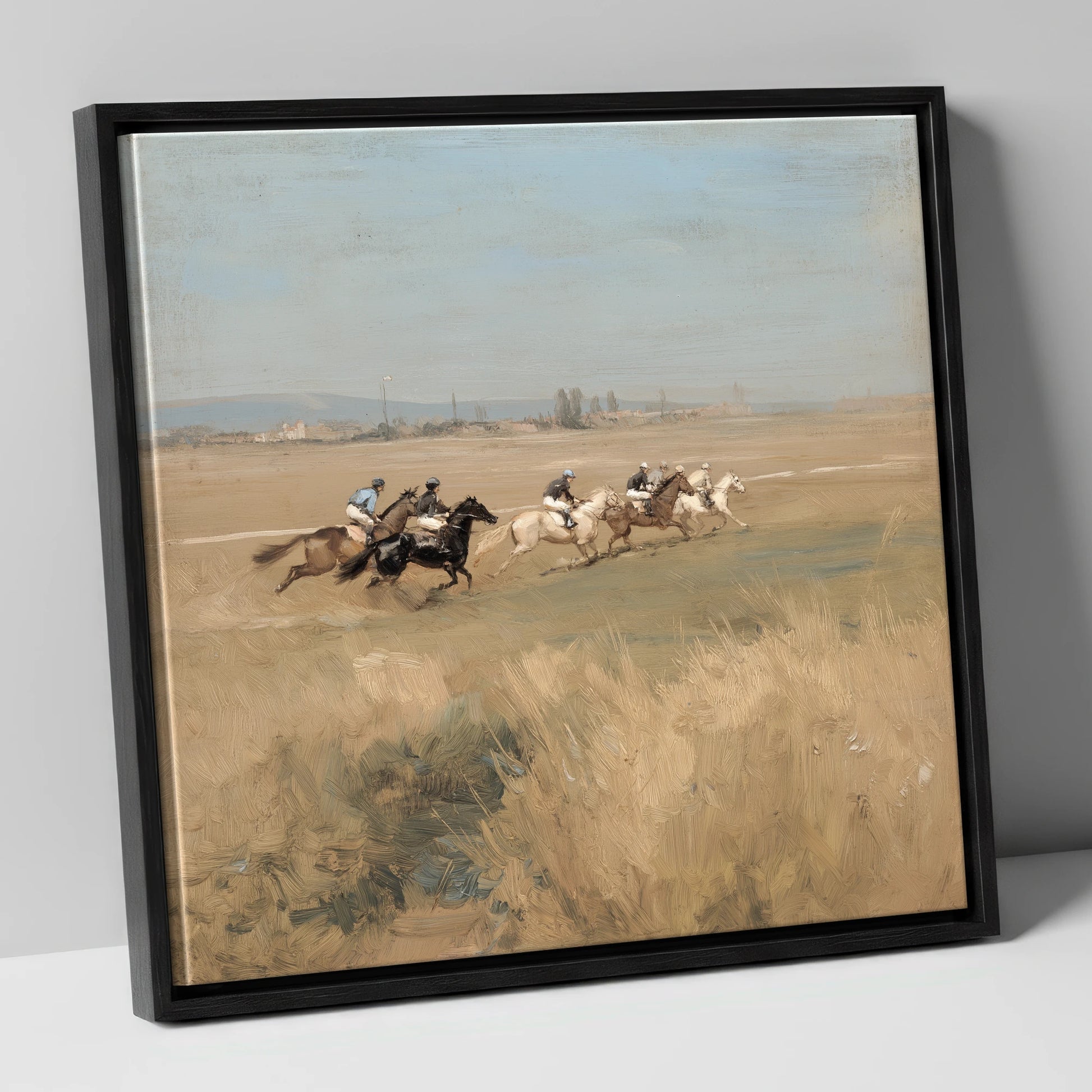 The Morning Gallop racing horse canvas wall art in black frame