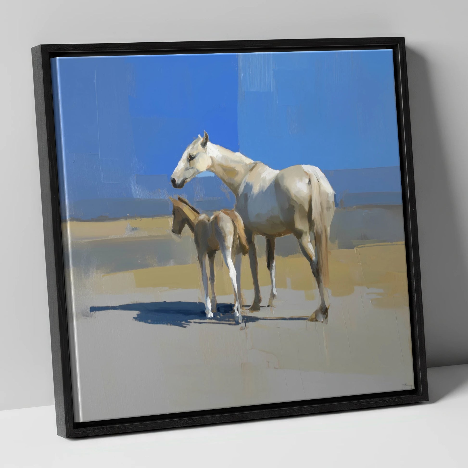 Under the Azure Sky mare & foal canvas wall art in black frame