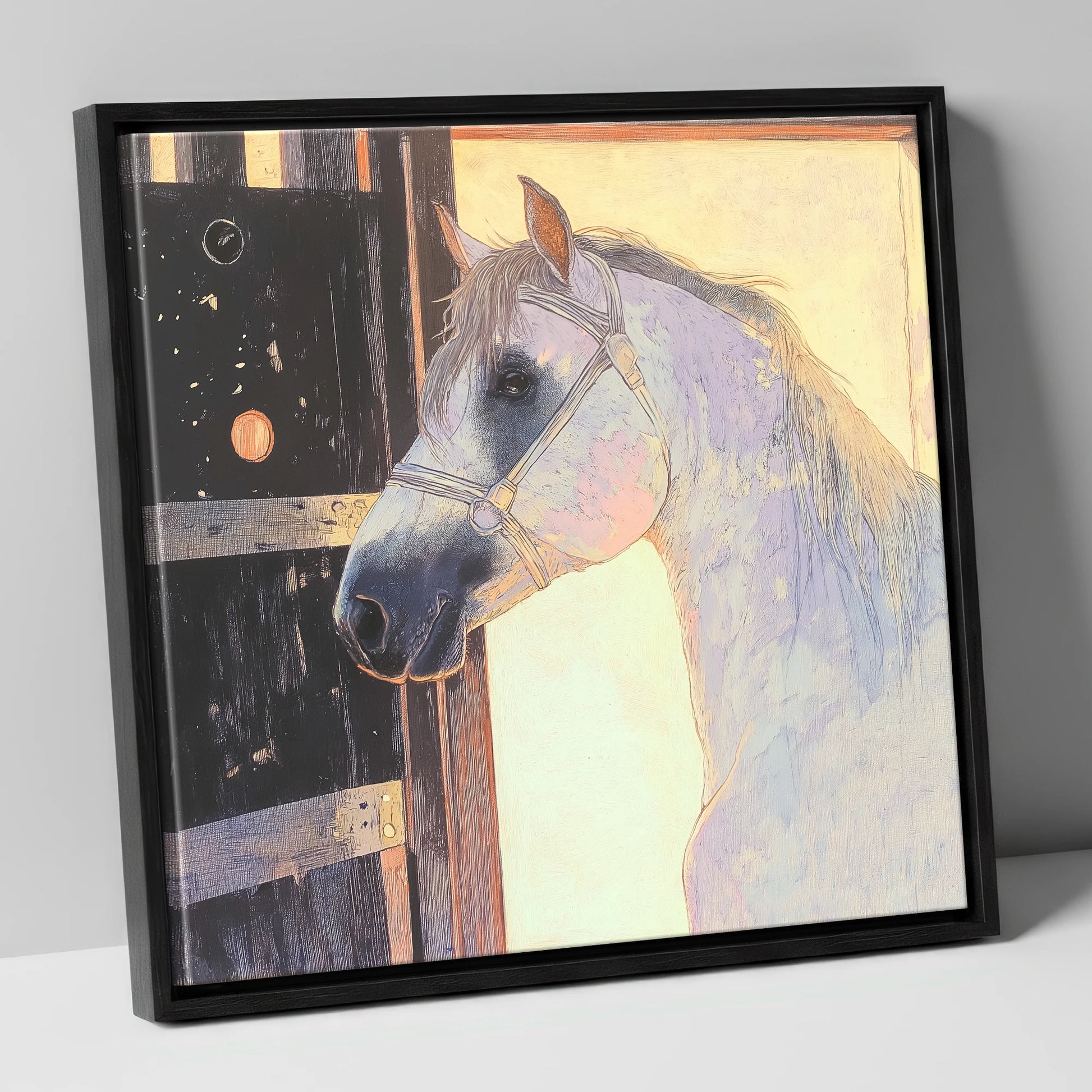 The Luminous Grey horse stable canvas wall art in black frame