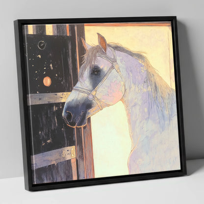 The Luminous Grey horse stable canvas wall art in black frame
