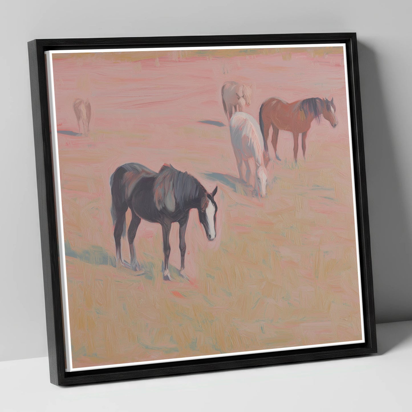 Dusky Rosa Pastures wild horses canvas wall art in black frame