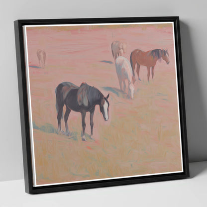 Dusky Rosa Pastures wild horses canvas wall art in black frame