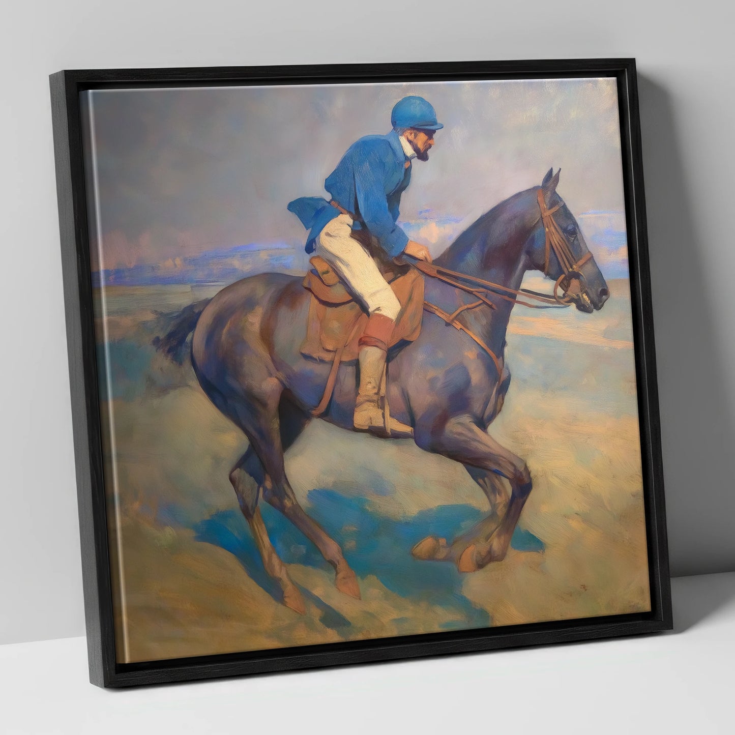 Azure Rhythm at Dawn racing horse canvas wall art in black frame
