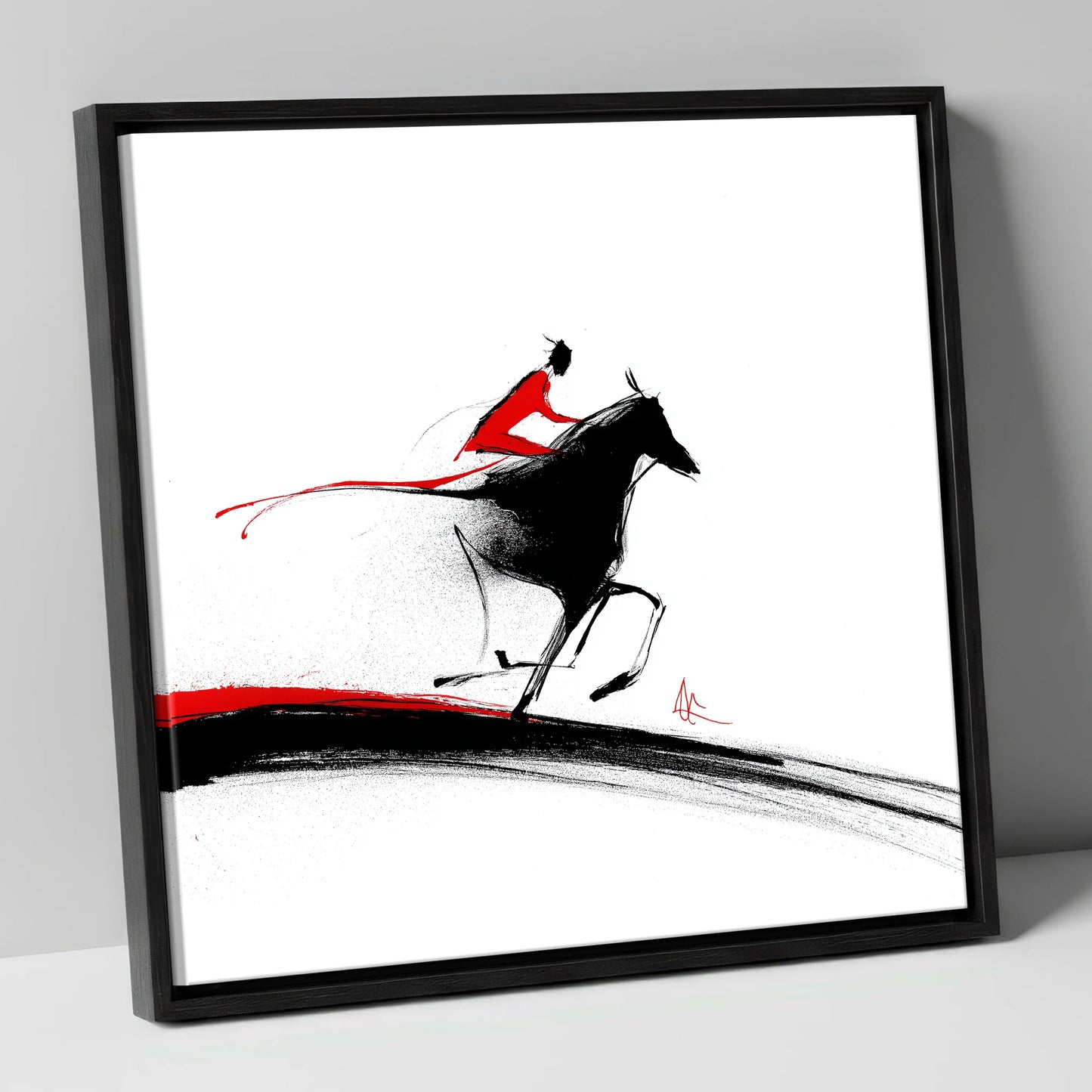 Crimson Pursuit racing horse canvas wall art in black frame