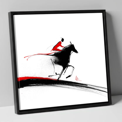 Crimson Pursuit racing horse canvas wall art in black frame