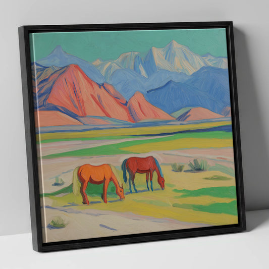 Vibrant Valley Pastures horse landscape canvas wall art in black frame
