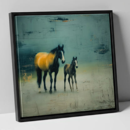 Ochre Light and Shadow mare & foal canvas wall art in black frame