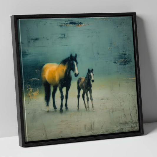 Ochre Light and Shadow mare & foal canvas wall art in black frame