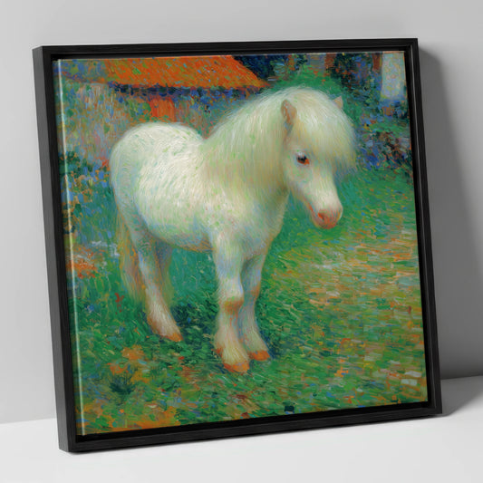 Sunlit White Pony horse breed canvas wall art in black frame