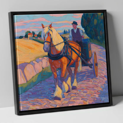 Evening Draught on Cobbles working horse canvas wall art in black frame