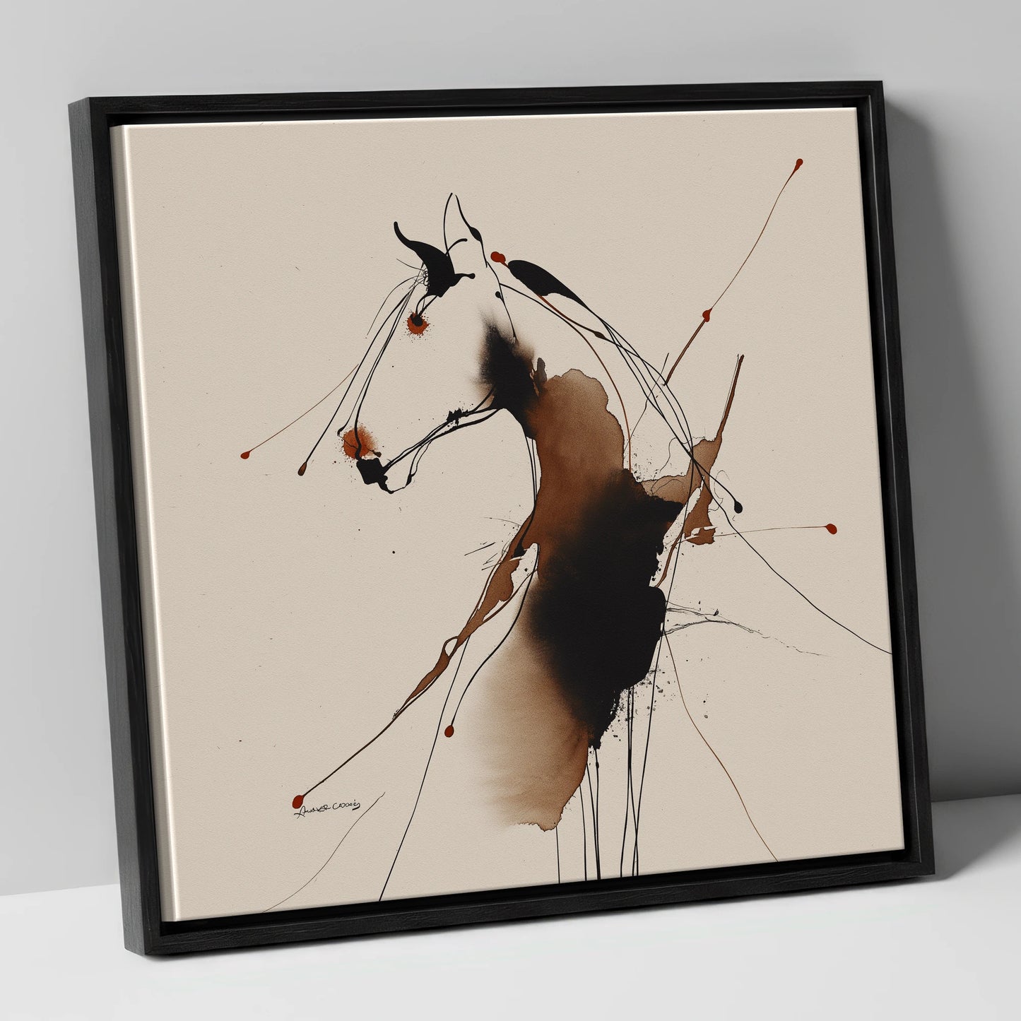 Fluid Equine Silhouette horse portrait canvas wall art in black frame