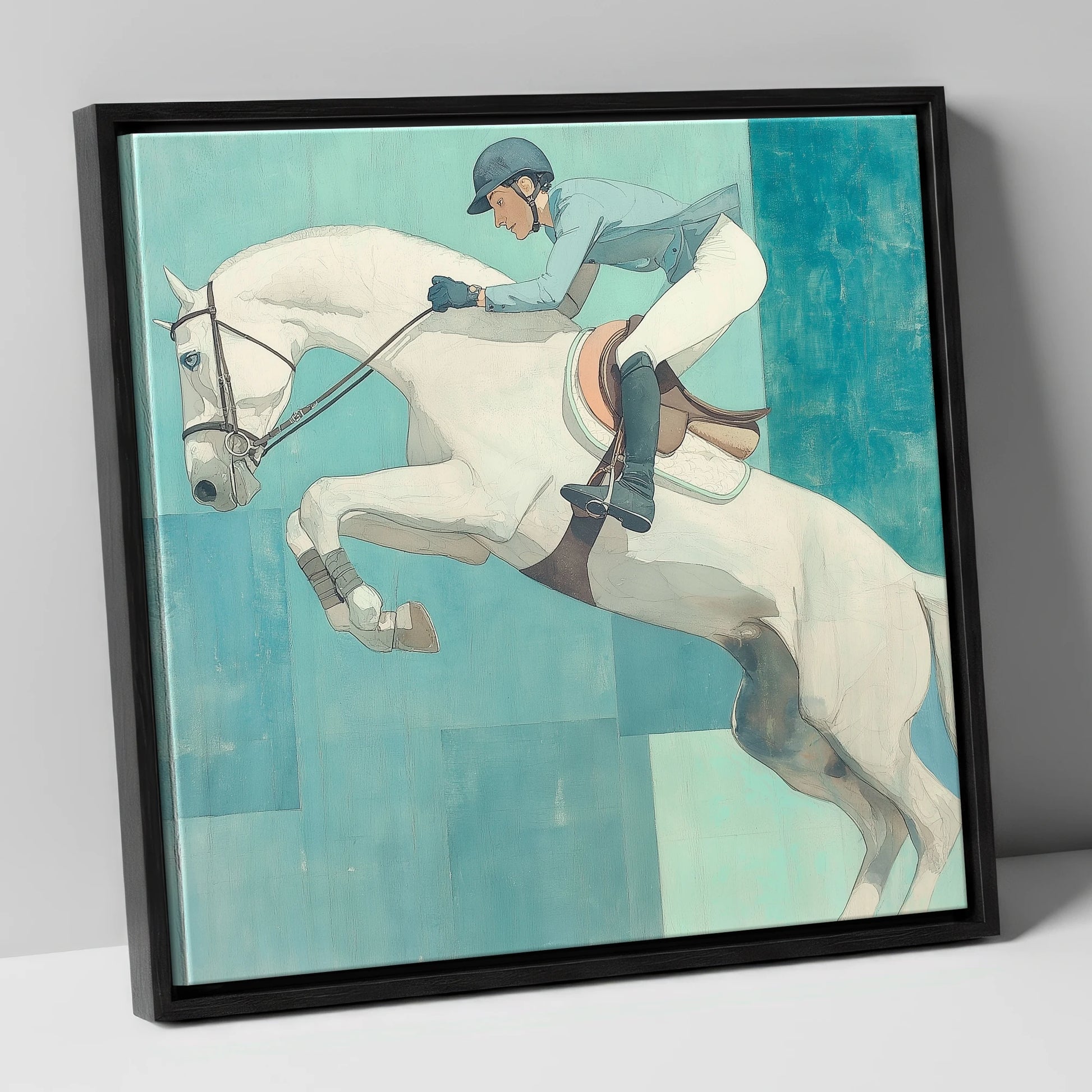 Aquamarine Flight show jumping horse canvas wall art in black frame
