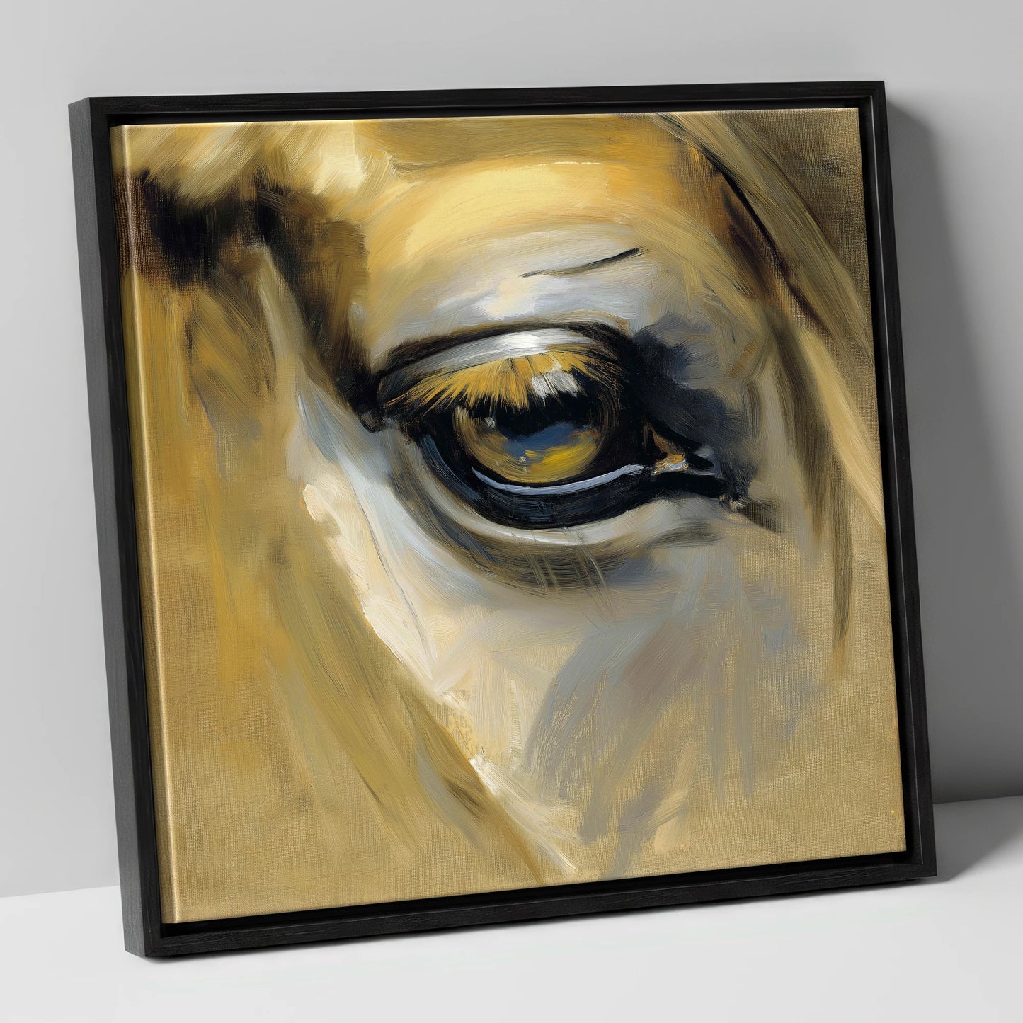 The Amber Gaze horse portrait canvas wall art in black frame
