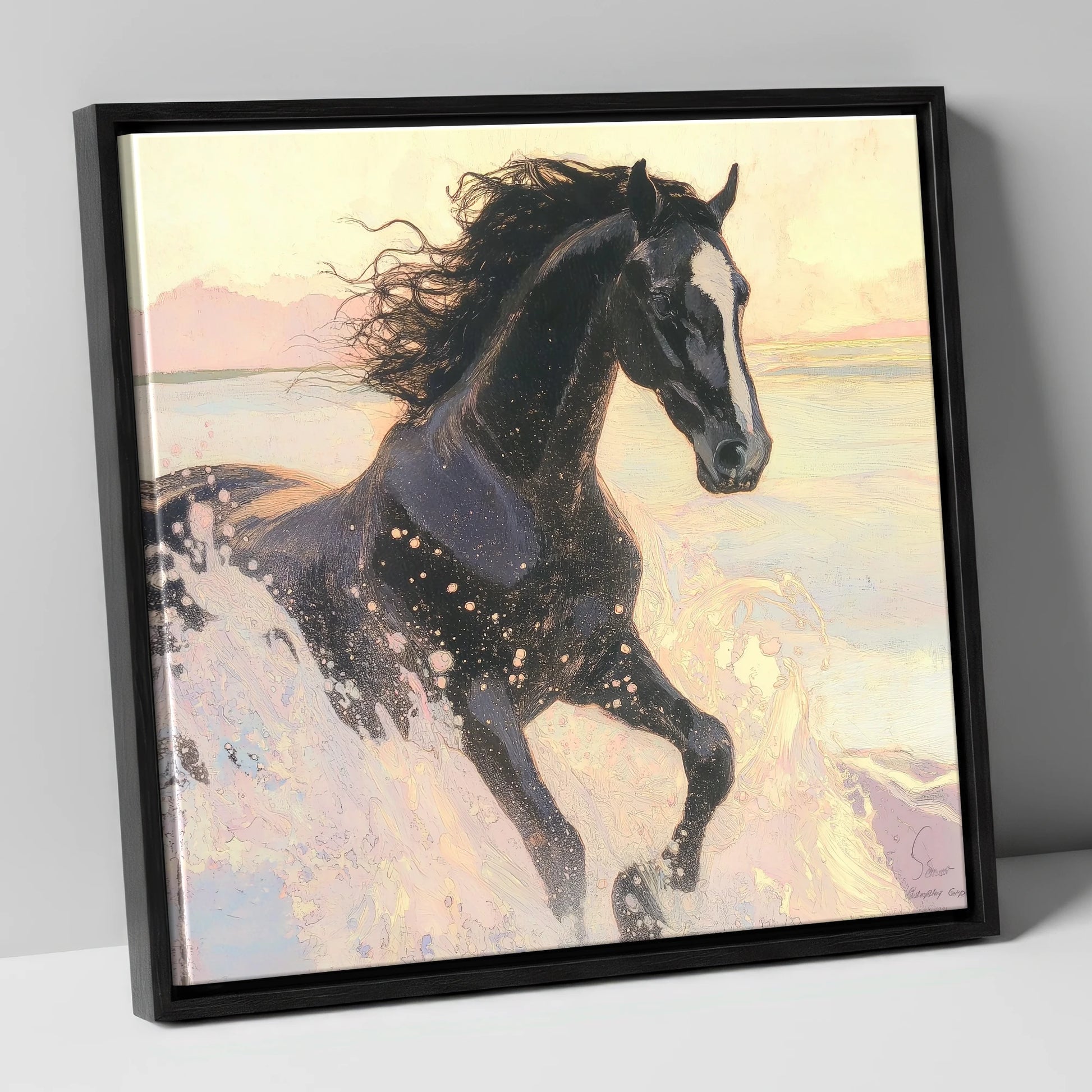 Ethereal Tide wild horses canvas wall art in black frame